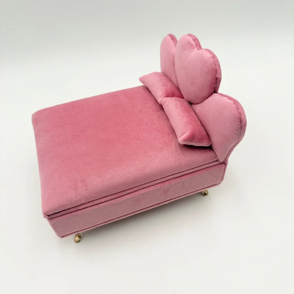 Pink Velvet Bed Jewelry Box Heart Headboard Mirror Ring Storage Gold Legs